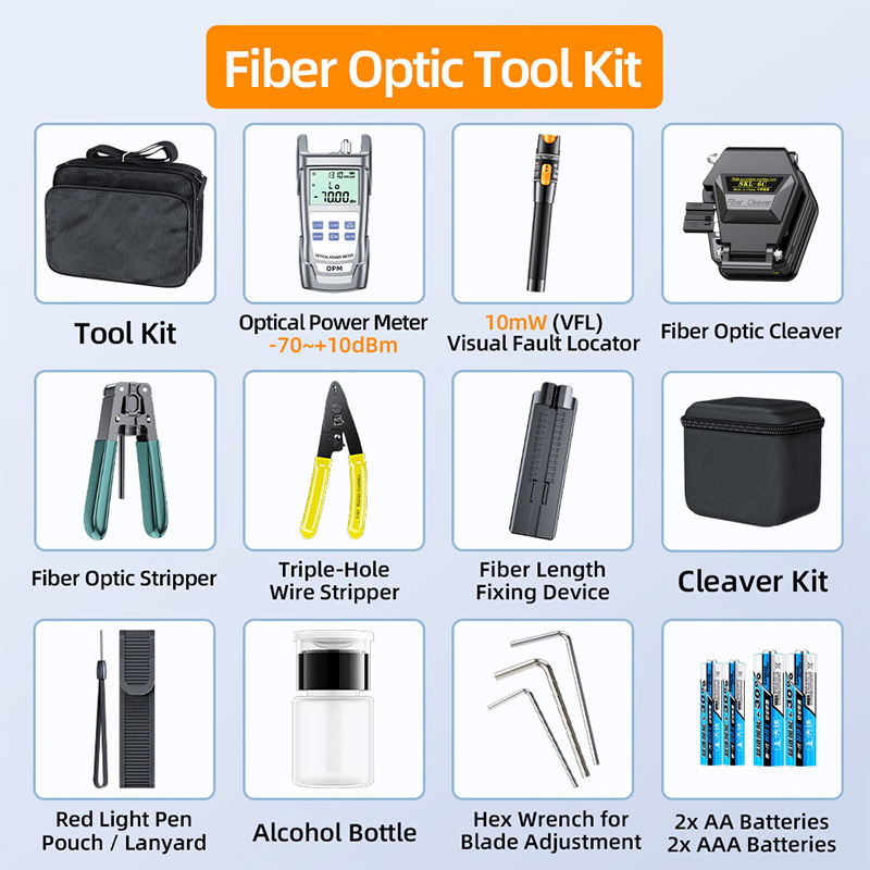 FTTH Fiber Optic Tool Kit with Optical Power Meter Visual Fault Locator Cleaver Miller Pliers